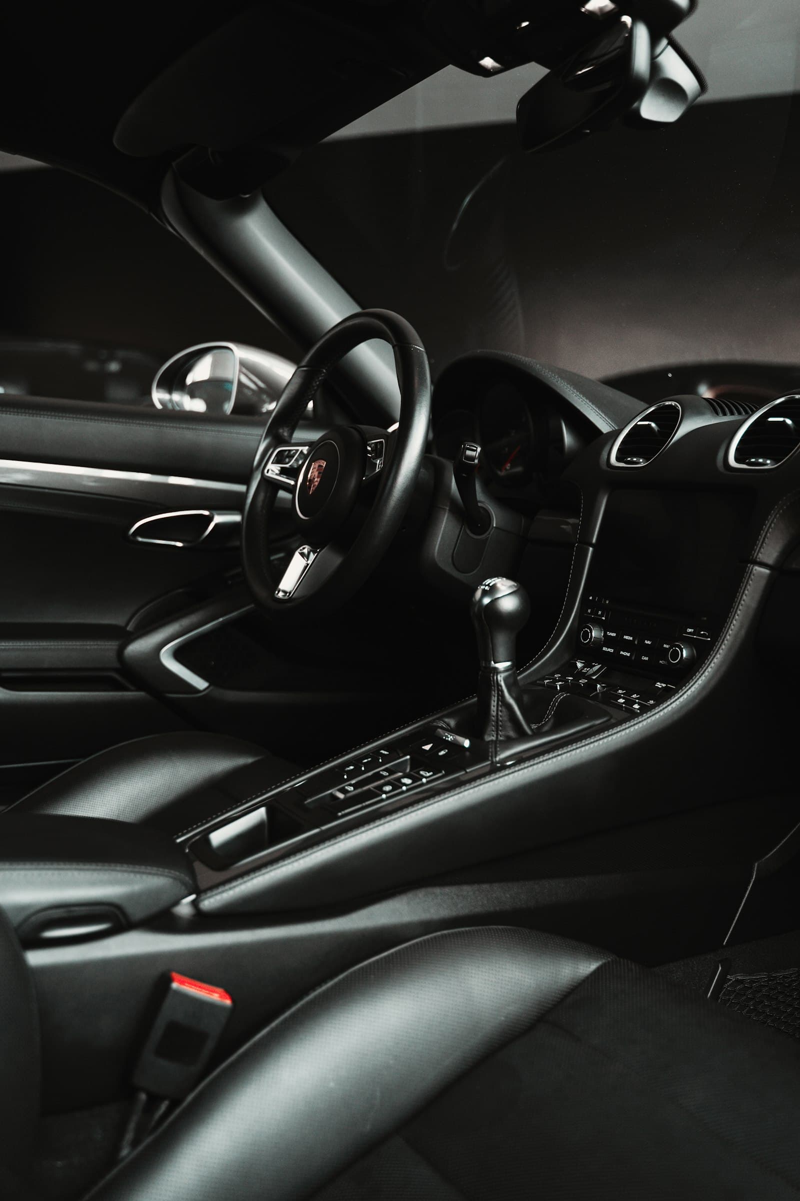 A detailed car center console and dashboard